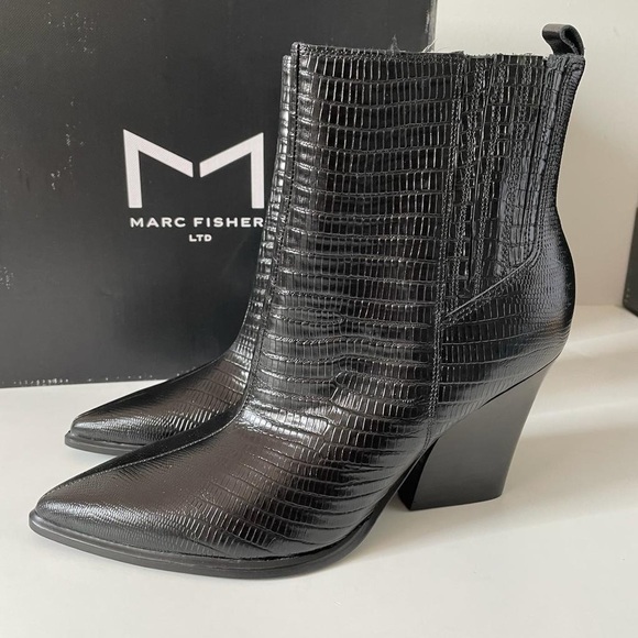 Nib Marc Fisher Mariel Block Heel Zip Booties in Black Croco - Picture 6 of 11